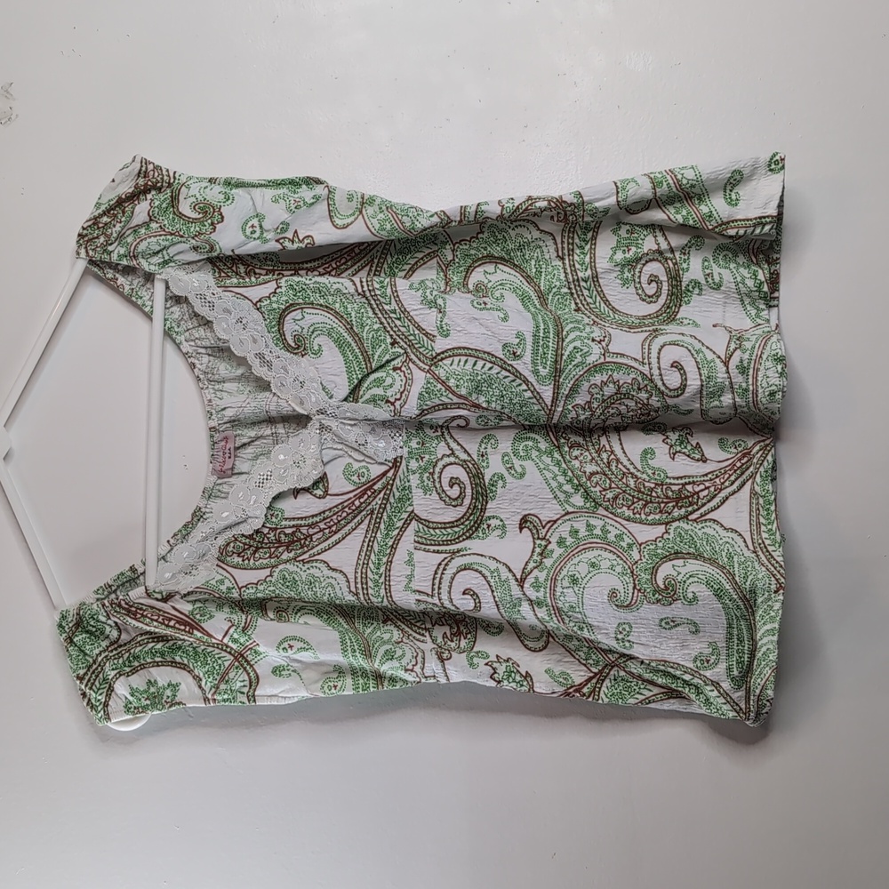 Julie's Closet USA Paisley Tank Top Vintage Y2K Lace Detail Green, White, Brown